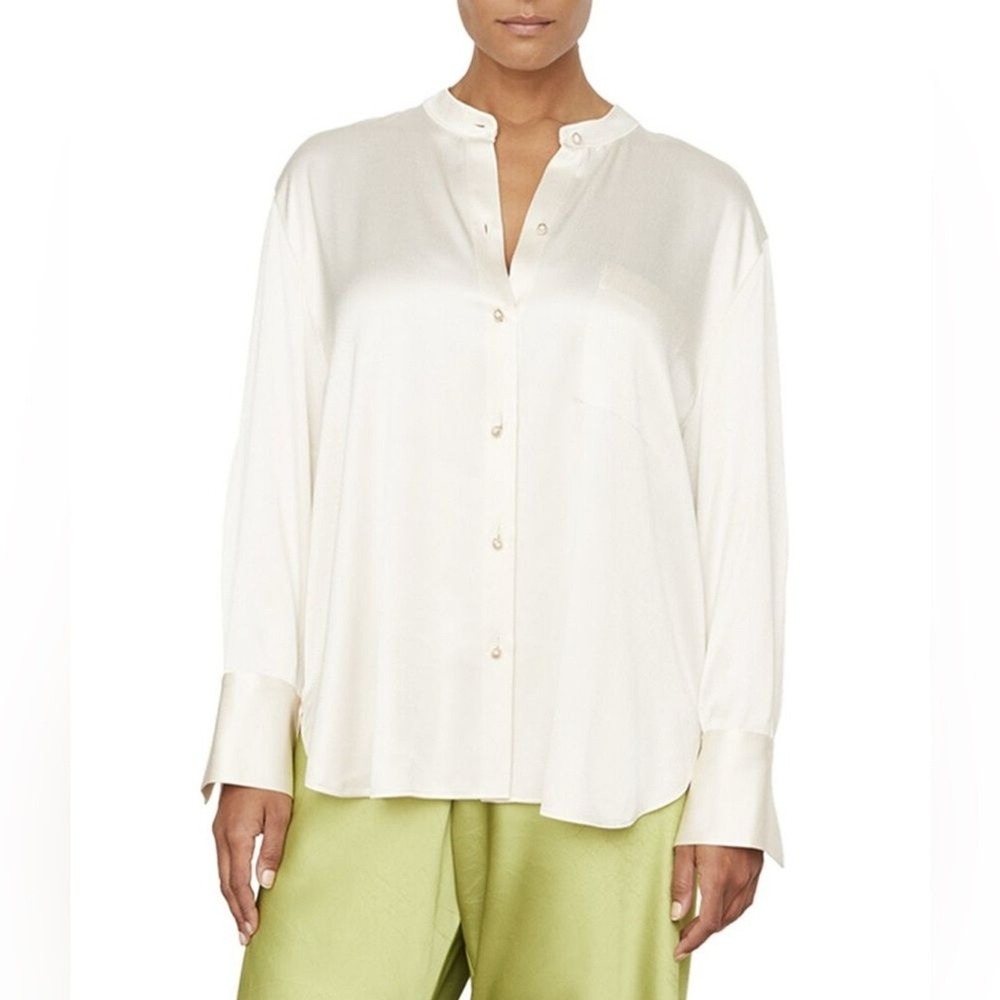 Vince Ivory 100% Silk Band Collar Button Down Blouse Size 10 866
